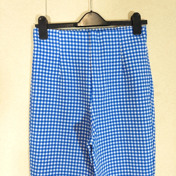 Zara Blue & White High Waisted Cropped Gingham Check Trousers Size Medium UK 10 - Picture 3 of 8